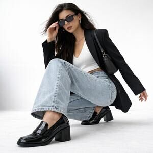 Kenneth Cole Reaction Loafers Block Heel Patent Black Chunky 90s Minimalist 9.5